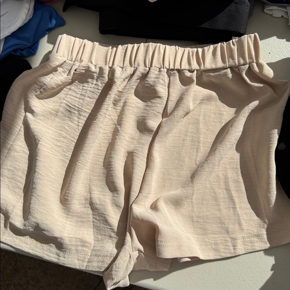 Beige Elastic Waist Shorts
